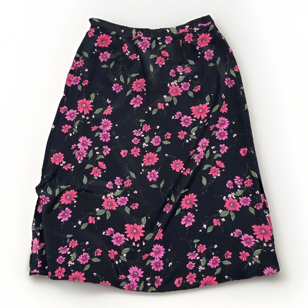 Vtg 90s Maxi Skirt Sz 18 Black Pink Floral Cottage Grunge Modest Feminine F Y2K